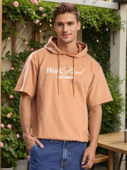 Bene Kleed - Men Khaki Half Sleeve Relax Fit Lightweight Hoodie