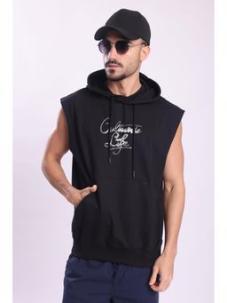 Bene Kleed - Black Men Pure Cotton Graphic Printed Sleeveless Kangaroo Pocket Hoodie