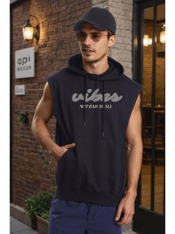 Bene Kleed - Navy Blue Men Pure Cotton Graphic Printed Sleeveless Kangaroo Pocket Hoodie