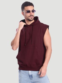 Bene Kleed - Burgundy Men Sleeveless Kangaroo Pocket Hoodie