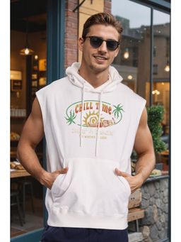 Bene Kleed - Off White Men Pure Cotton Graphic Printed Sleeveless Kangaroo Pocket Hoodie