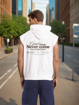 Bene Kleed - Off White Men Sleeveless Kangaroo Pocket Hoodie