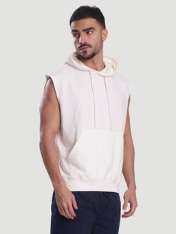 Bene Kleed - Off White Men Sleeveless Kangaroo Pocket Hoodie