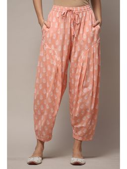 Biba - Womens Peach White Printed Relaxed Cotton Salwar