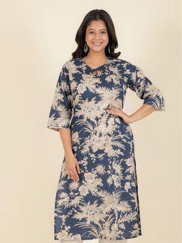 ARAMYA - Blue Soft Cotton Floral Print Kurta for Women