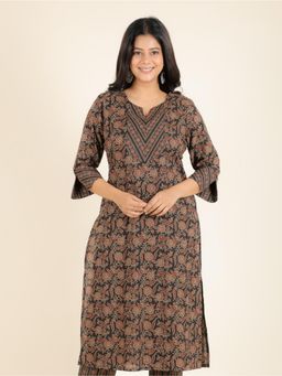ARAMYA - Black Soft Cotton Floral Print Kurta for Women