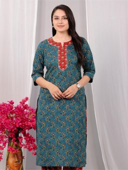 ARAMYA - Teal Cotton Floral Print Kurta for Women