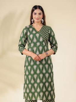 ARAMYA - Green Soft Cotton Printed Kurta for Women