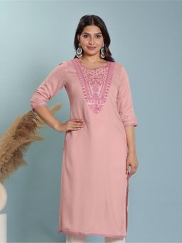 ARAMYA - Pink Rayon Solid Kurta for Women