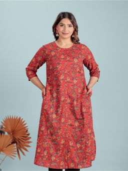 ARAMYA - Maroon Soft Cotton Floral Print Kurta for Women