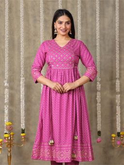 ARAMYA - Pink Viscose Foil Print Kurta for Women