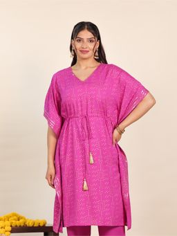 ARAMYA - Pink Viscose Foil Print Kurta for Women