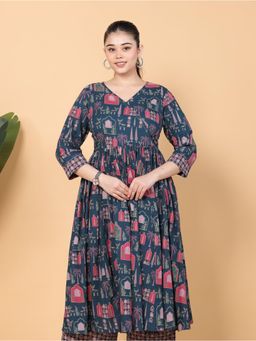 ARAMYA - Navy Blue Soft Cotton Printed Kurta for Women