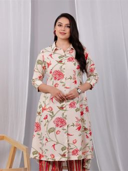 ARAMYA - Beige Collar Floral Print Kurta for Women