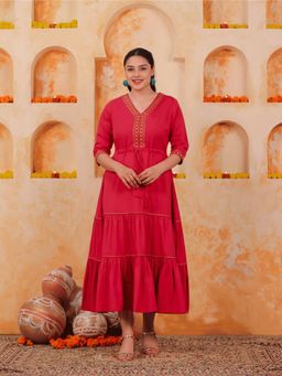 ARAMYA - Red Linen Cotton A-Line Solid Kurta for Women