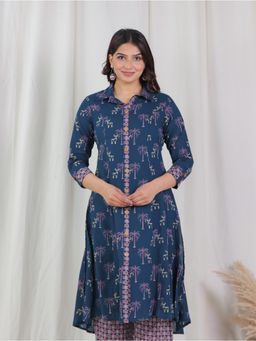 ARAMYA - Navy Blue Soft Cotton Printed Kurta for Women
