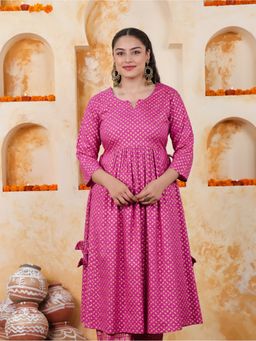 ARAMYA - Pink Viscose A-Line Foil Print Kurta for Women