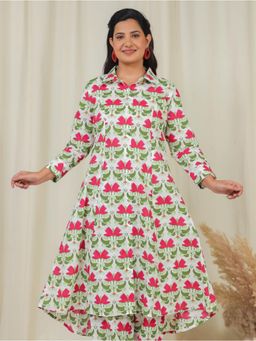 ARAMYA - Off White Soft Cotton Collar Floral Print Kurta for Women