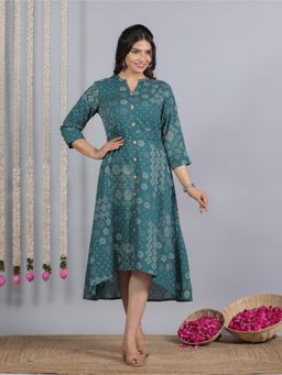 ARAMYA - Green Soft Cotton Bandhani Floral Print Kurta with Belt for Women