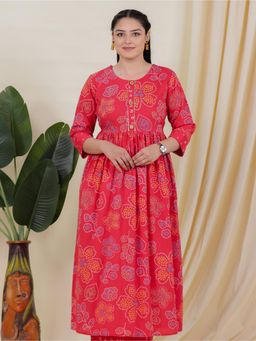 ARAMYA - Pink Soft Cotton Floral Bandhani Print Kurta for Women