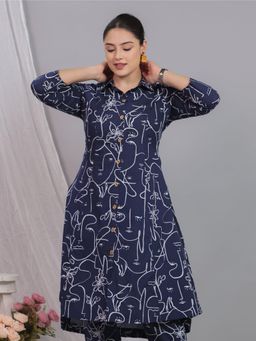ARAMYA - Navy Blue Soft Cotton Collar Floral Print Kurta for Women