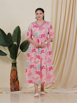 ARAMYA - Pink Soft Cotton Floral Print Kurta for Women