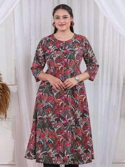 ARAMYA - Black Soft Cotton Floral Print Kurta for Women