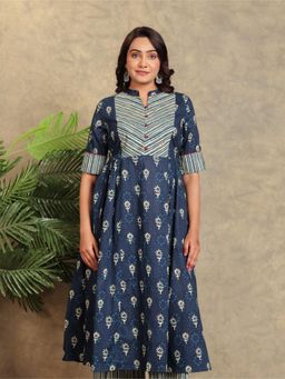 ARAMYA - Navy Blue Soft Cotton Floral Print Kurta for Women