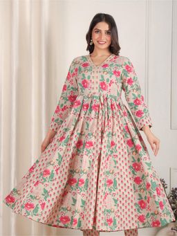 ARAMYA - Beige Soft Cotton Floral Print Kurta for Women