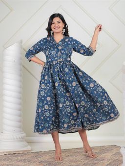 ARAMYA - Blue Soft Cotton Floral Print Kurta for Women