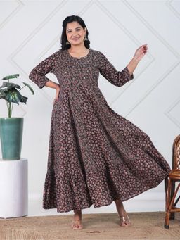 ARAMYA - Black Soft Cotton Floral Print Kurta for Women