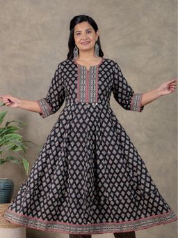 ARAMYA - Black Soft Cotton Anarkali Floarl Print Kurta for Women