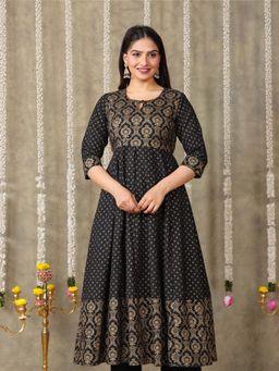 ARAMYA - Black Soft Cotton Foil Print Kurta for Women