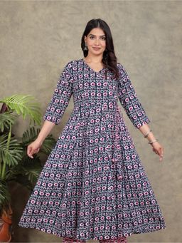 ARAMYA - Navy Blue Soft Cotton Floral Print Kurta for Women