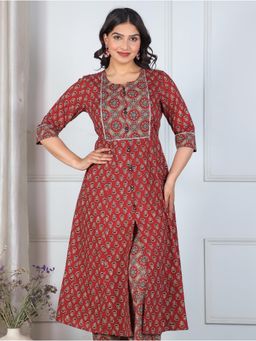 ARAMYA - Maroon Soft Cotton Floral Print Kurta for Women