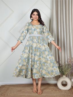 ARAMYA - Grey Flared Floral Print Kurta for Women