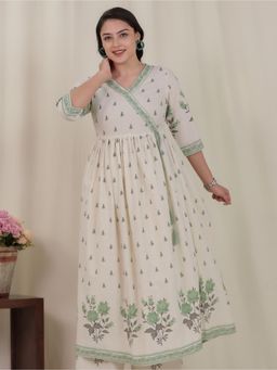 ARAMYA - Off White Linen Cotton Floral Print Kurta for Women