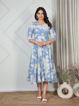 ARAMYA - White Linen Cotton Floral Print Kurta for Women