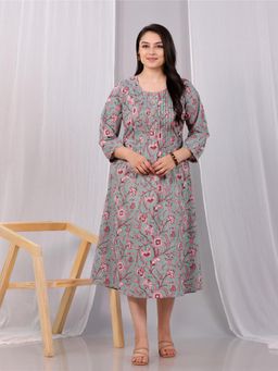 ARAMYA - Green Soft Cotton Floral Print Kurta for Women