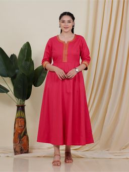 ARAMYA - Pink Linen Cotton Embroidered Kurta for Women