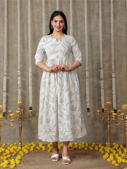 ARAMYA - Off White Linen Cotton Floral Bandhani Print Kurta for Women