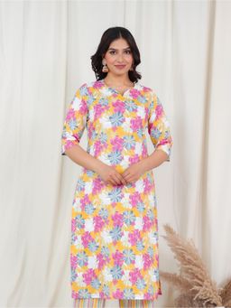 ARAMYA - Yellow Soft Cotton Floral Print Kurta for Women
