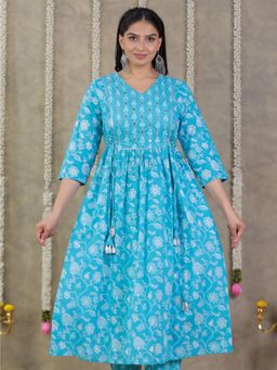 ARAMYA - Blue Soft Cotton Floral Print Kurta for Women