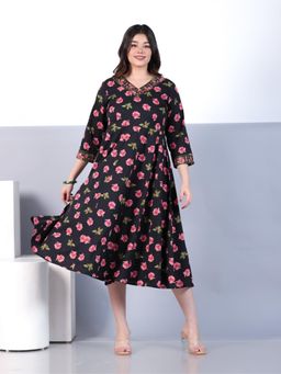 ARAMYA - Black Soft Cotton Floral Print Kurta for Women