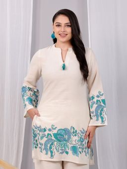 ARAMYA - Off White Linen Cotton Floral Print Kurta for Women