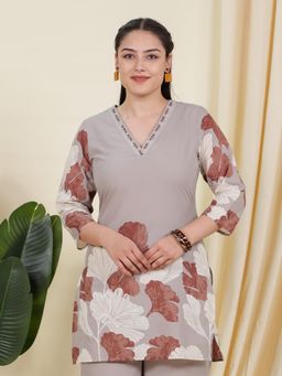 ARAMYA - Grey Soft Cotton Floral Print Kurta for Women