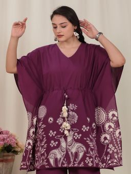 ARAMYA - Wine Soft Cotton Floral Print Kurta for Women