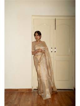 PRIYANKA RAAJIV - Ajita Ivory Silk Organza Banarasi Saree with Unstitched Blouse