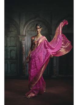 PRIYANKA RAAJIV - Akira Pink Silk Organza Mukaish Banarasi Saree with Unstitched Blouse