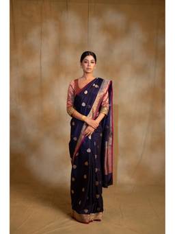 PRIYANKA RAAJIV - Arshiya Navy Blue Silk Brocade Banarasi Saree with Unstitched Blouse